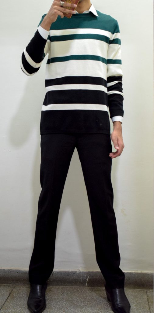 Sweater Outfit, black trouser with black and grey sweater and chelsea boots,mensfluent.com